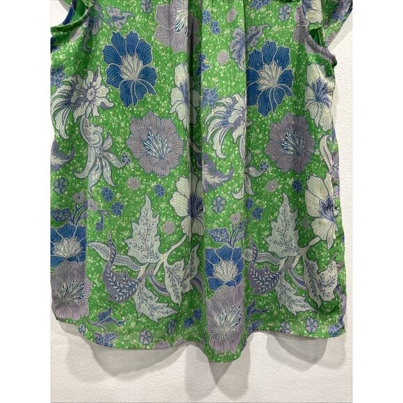 Joie Floral Print Cap Sleeve Blouse Size Large Ruffle Trim Green Lavender Boho - Picture 4 of 9